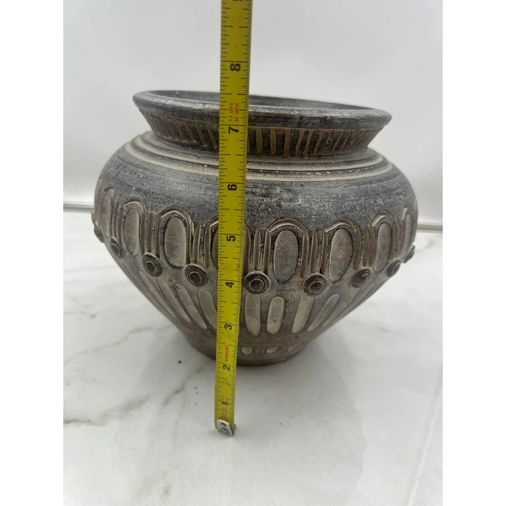 Vintage Thai Hand Carved Pottery Vessel Charcoal Gray Textured Decorative Pot